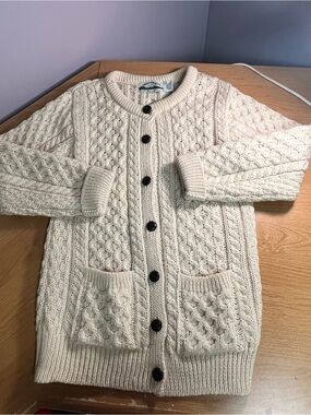 Irish Sweater Aran Crafts 100% Wool Cream Cable Knit Cardigan made in Ireland L